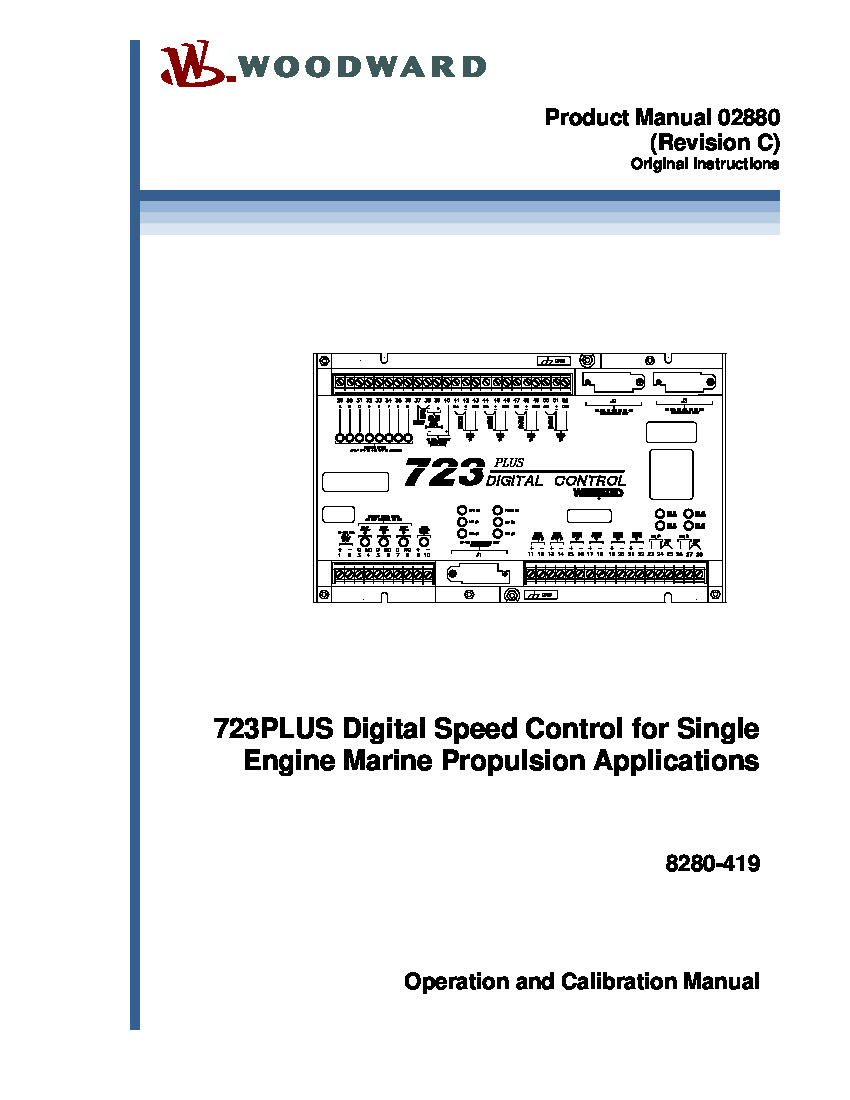 First Page Image of 8280-419 Woodward 723PLUS Digital Speed Control for Single Engine Marine Propulsion Applications 02880.pdf